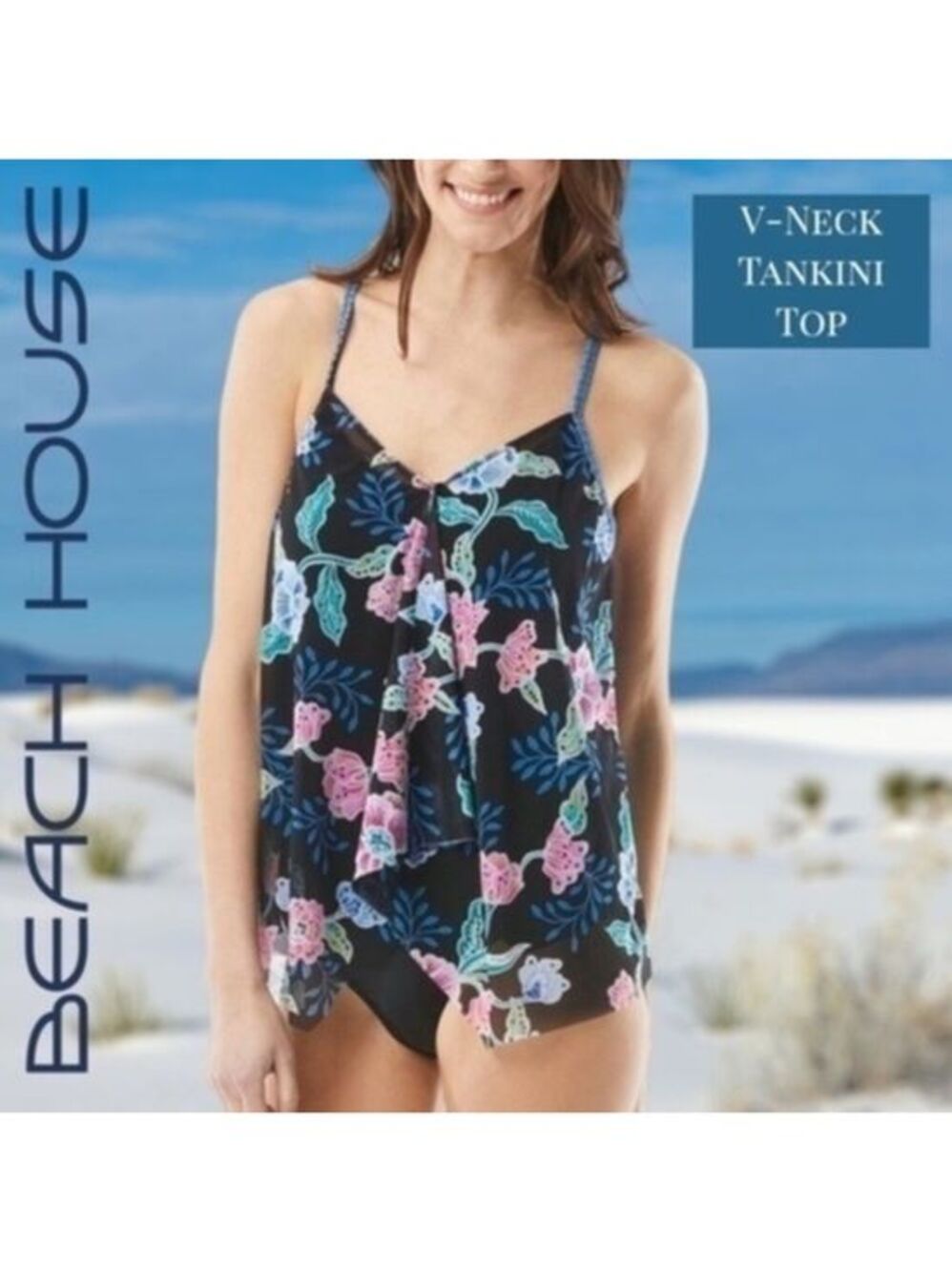 BEACH HOUSE Kerry Mesh Overlay V-Neck Floral Tankini Swim Top NWT/12